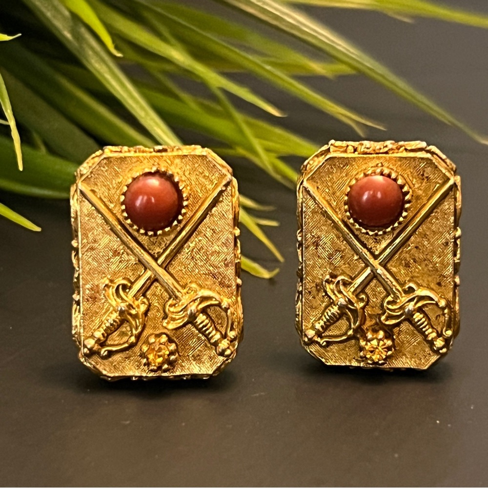 Rare Vintage Large Fancy Sword Gold Tone Rhinestone Cufflinks